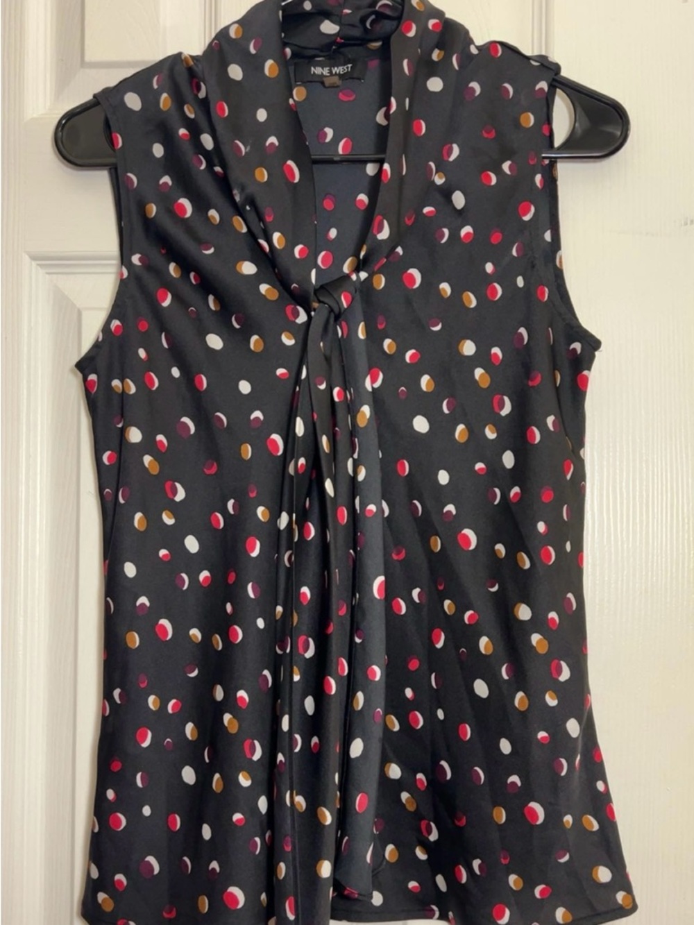 Nine West Black Sleeveless Polka Dot Tie-Neck Camisole